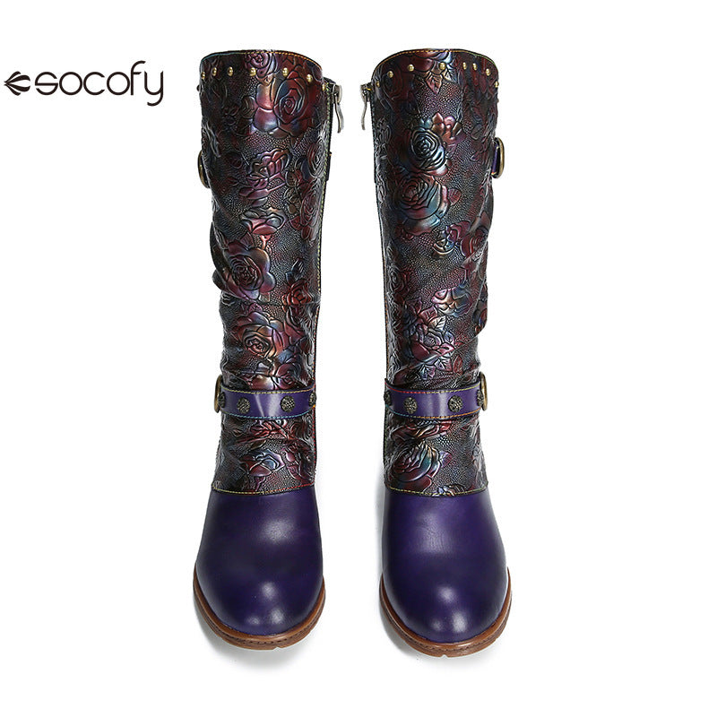 Socofy Vicconfy Side Zipper Vintage Floral Flat Heel Long Boots