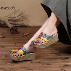 Socofy Genuine Leather National Style Hand-painted Outside Summer Flower Wedges Slides Slippers