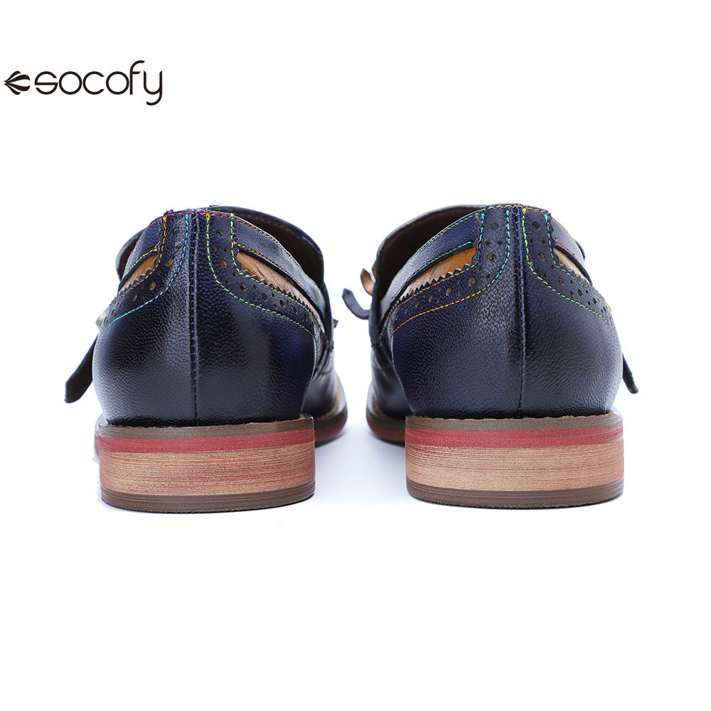 Socofy Genuine Leather Women's Retro Colorblocking Tassel Flat Comfort Loafers