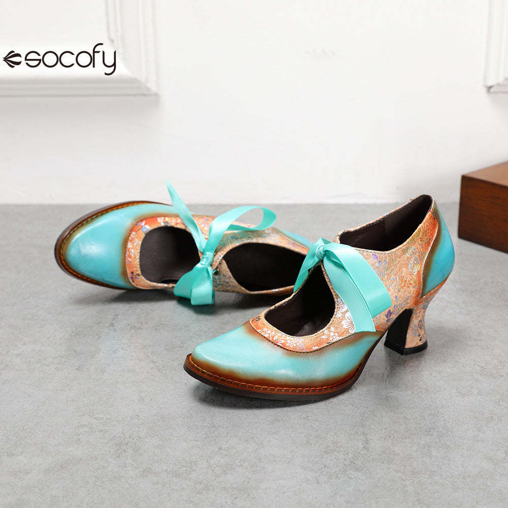 Socofy Summer flower blue ethnic style high-heeled ribbon lace-up women's shoes