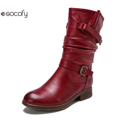 Socofy Vicconfy Genuine Leather Buckle Deco Cowhide Flat Long Boots