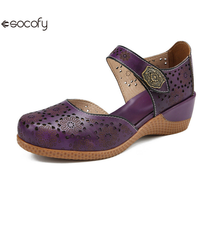 Socofy Genuine leather romantic three-dimensional flowers hollowed out sandals