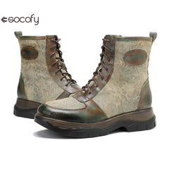 Socofy Vicconfy Genuine Leather Vintage Lace-Up Comfort Boots