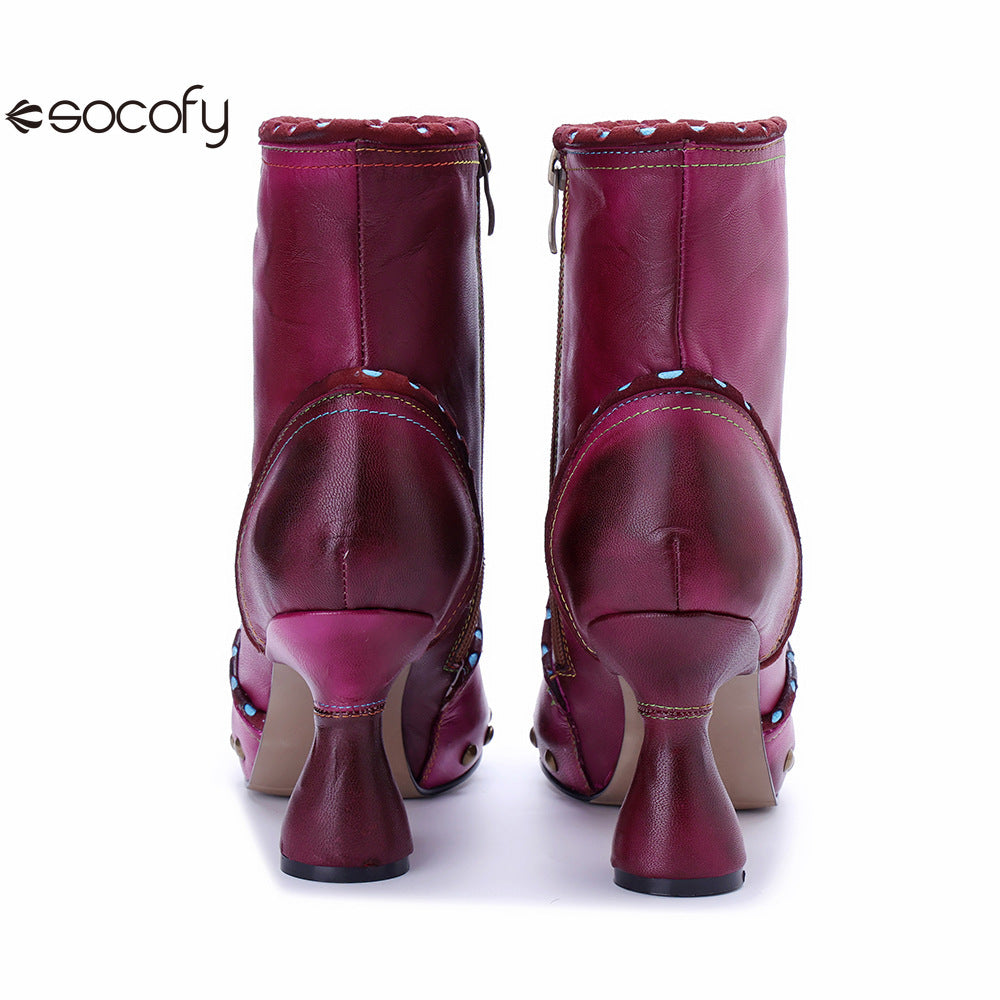 Socofy Vicconfy Handmade Leather Chic Color Ankle Boots