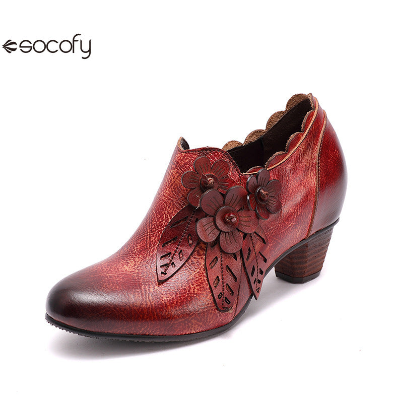 Socofy Genuine Leather Handmade Vintage Fashion Side Zipper High Heels Women's Shoes