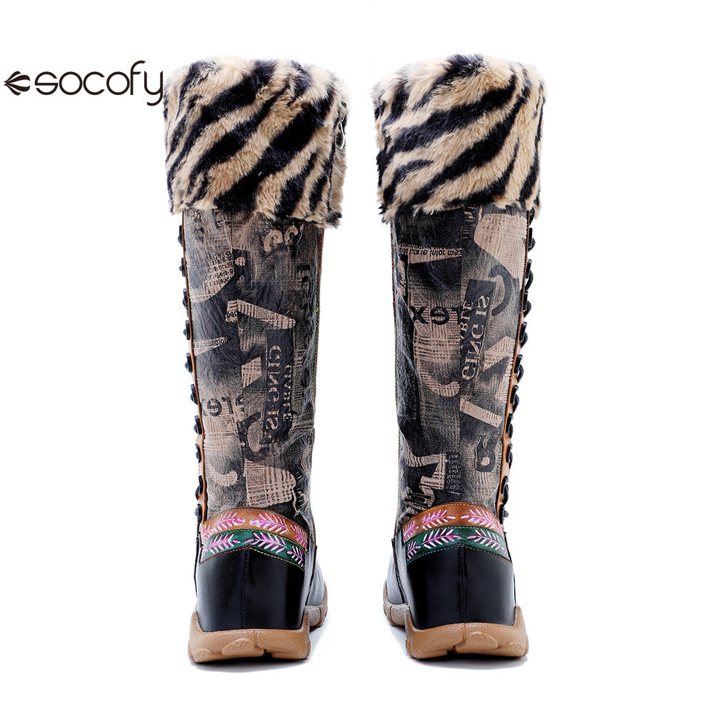 Socofy Vicconfy Printed Patchwork Padded Comfort Flat High Boots