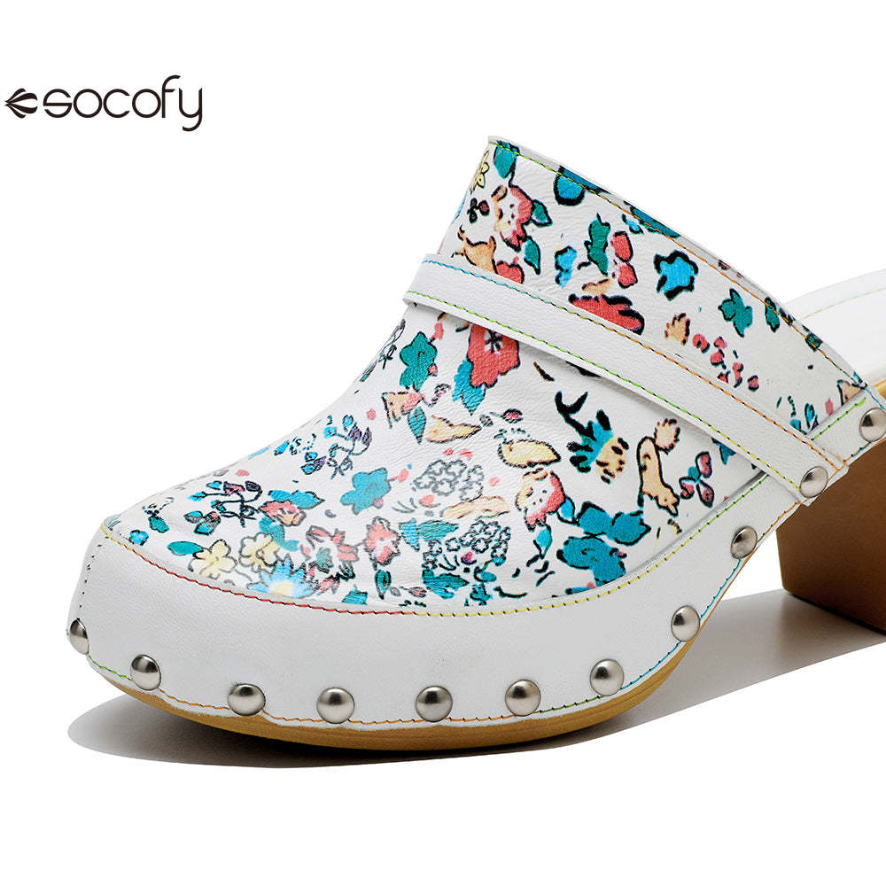 Socofy Handmade Leather Crushed Flower Rustic Casual Fashion Comfortable High Heeled Sandals