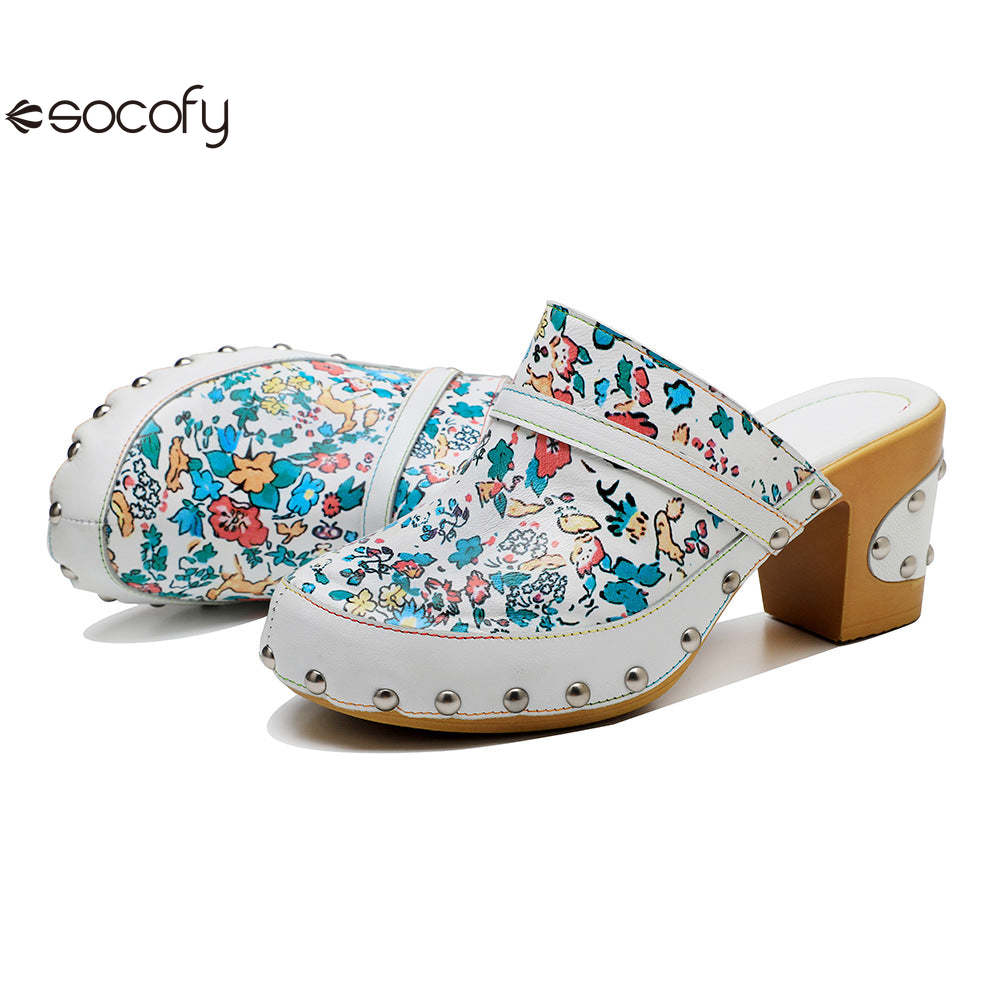 Socofy Handmade Leather Crushed Flower Rustic Casual Fashion Comfortable High Heeled Sandals