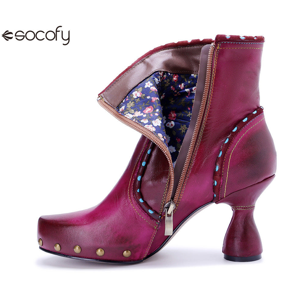 Socofy Vicconfy Handmade Leather Chic Color Ankle Boots