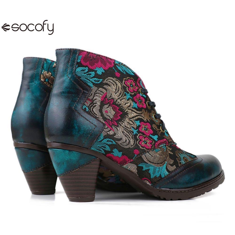 Socofy Genuine Leather short Embroidered flowers round toe high heel fashion boots for women