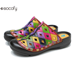 Socofy Genuine leather hand-rubbed casual retro colorful hollow comfortable flat slippers