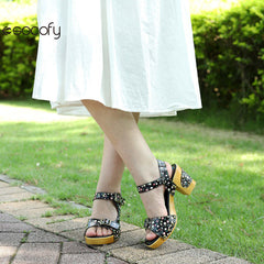 Socofy Leather Vintage Floral American Rustic Heeled Sandals