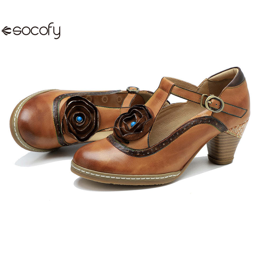 Socofy spring genuine leather retro Mary Jane high-heeled shoes