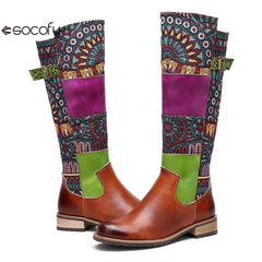 Socofy Vicconfy Genuine Leather Vintage Patchwork Long Warm Boots