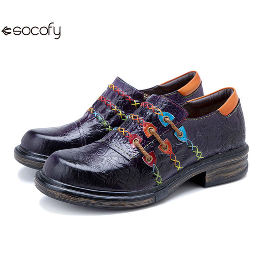 Socofy Genuine Leather Colourful Rope Deco Ethnic Printed Women's Flat Shoes 1000