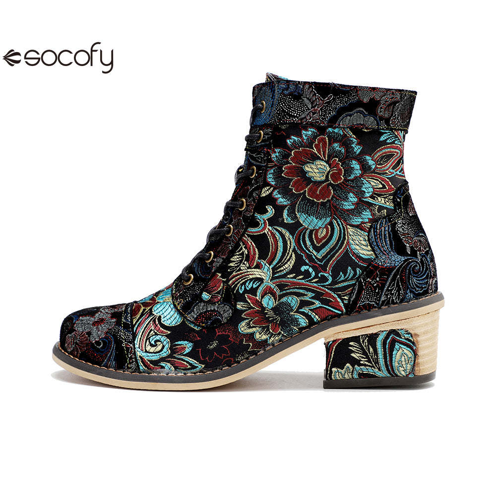 Socofy Vicconfy Vintage Printed Embroidered Casual Women's Boots