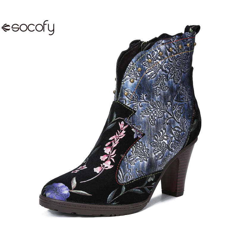 Socofy Vicconfy Vintage Genuine Leather Boots Floral Women's Boots