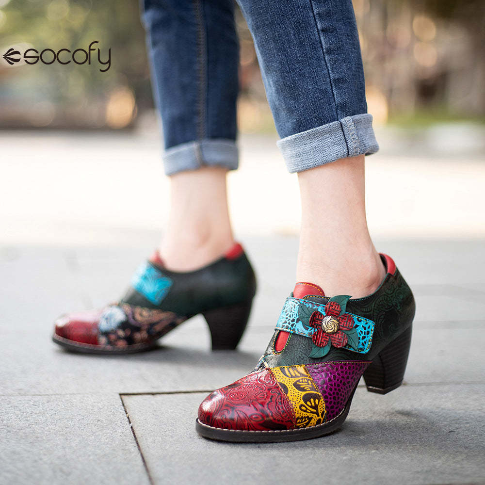 Socofy retro printing splicing ethnic style high heels women's shoes