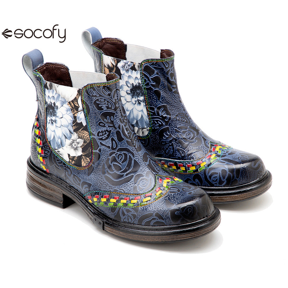 Socofy Vicconfy Genuine Leather Bohemian Women's Martin Boots Ethnic Vintage Short Boots