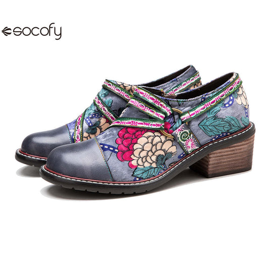 Socofy Leather Patchwork Vintage Graffiti Oxfords Brogues 1000