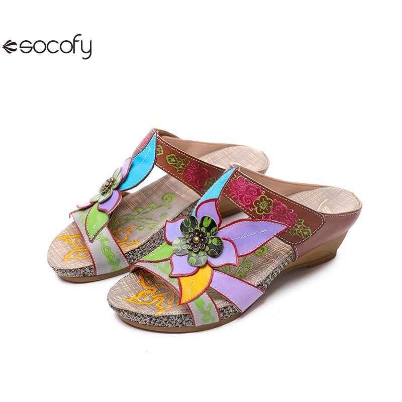 Socofy genuine genuine leather bohemian floral vintage sandals