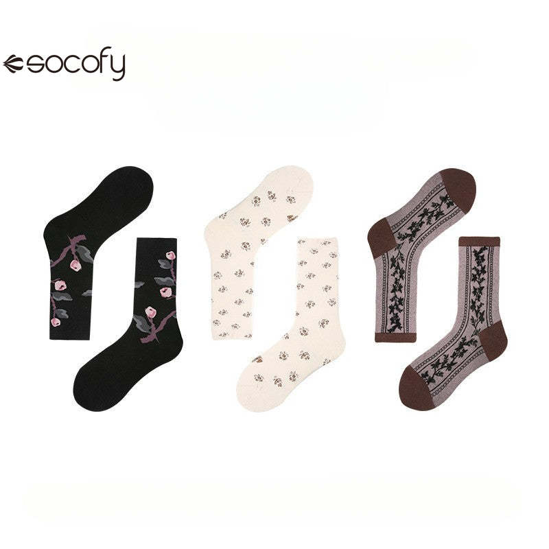 Socofy Vintage Style Mid-Calf Cotton Warm Socks 3 pairs