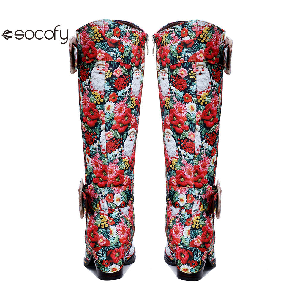 Chrismas Exclusive｜Socofy Vicconfy Vintage Print Casual Chunky Heel Comfort High Boots