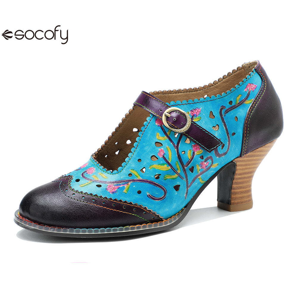 Socofy genuine leather hand-rubbed hollow flower high heels for women