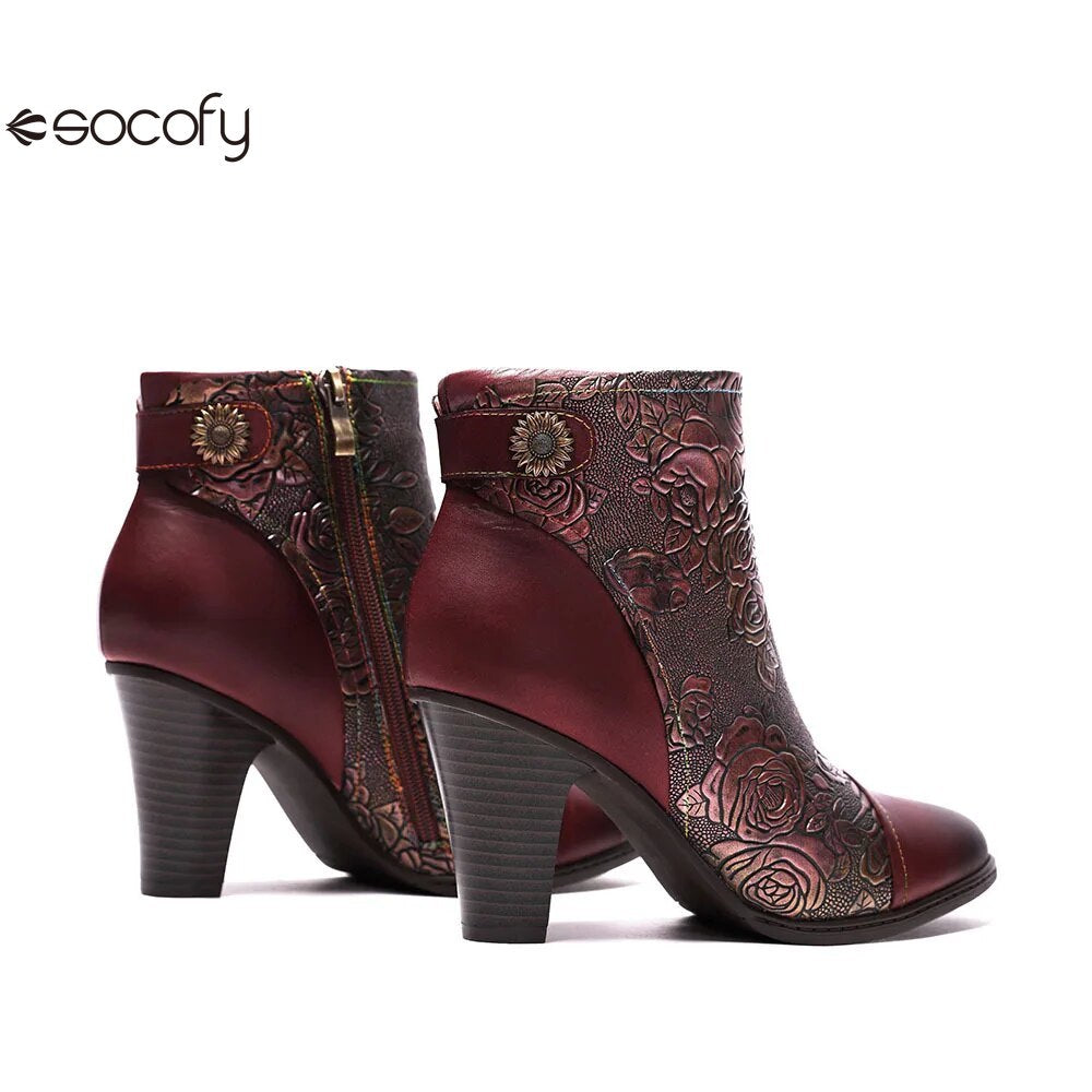 SOCOFY Genuine Leather Retro Handmade Exquisite Embossed Fashion Zip Winter Boots