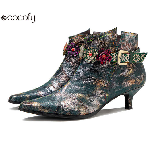 Socofy Retro British style metal texture low heel women's short boots 1000