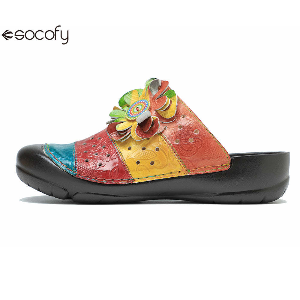 Socofy genuine leather handmade hollow three-dimensional flower comfortable flat slippers