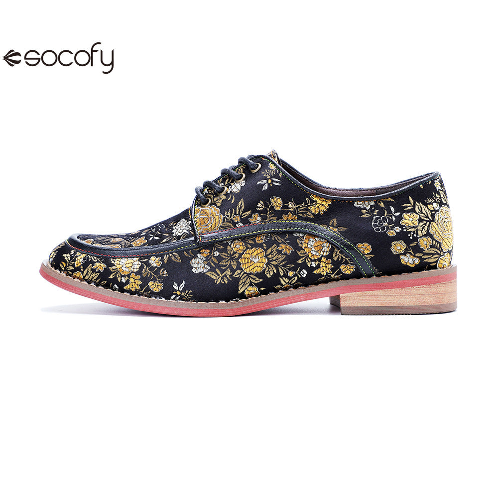 Socofy Genuine Leather Retro Flat Print Casual Lace-up Loafers Shoes