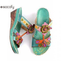 Socofy Spring Summer Hand-painted Genuine Leather Flower Wedges Slides Handmade Ladies Slippers