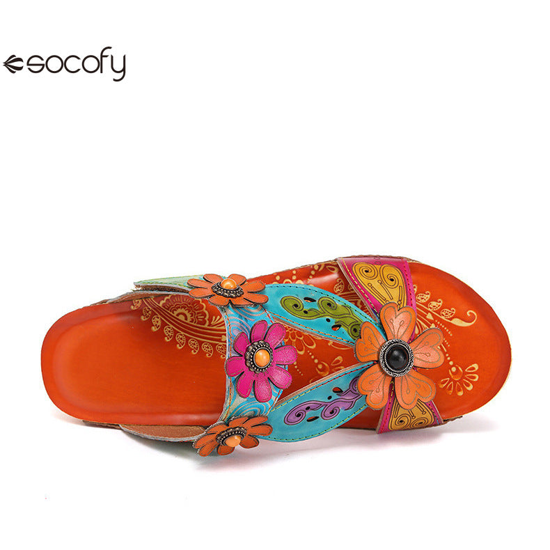 Socofy Vicconfy Loose Round Toe Handmade Cubic Flower Ethnic Flat Sandals