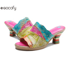 Socofy Summer Leather Vintage Colour Block High Heeled Sandals