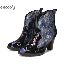 Socofy Vicconfy Vintage Genuine Leather Boots Floral Women's Boots