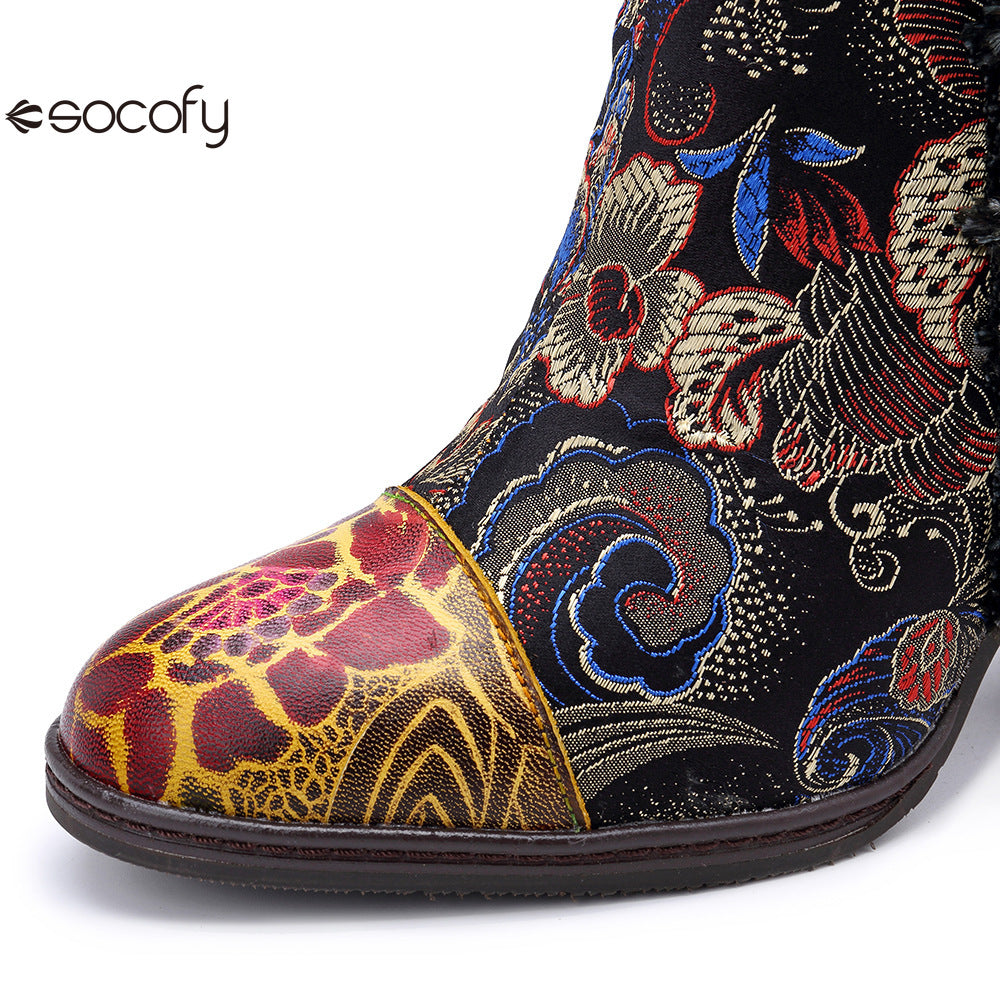 Socofy Vicconfy Genuine Leather Retro Court Style Chunky Heel Shiny Women's Boots