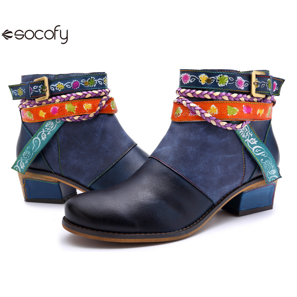 Socofy Vicconfy Genuine Leather Braided Strap Cowboy Style Women's Boots