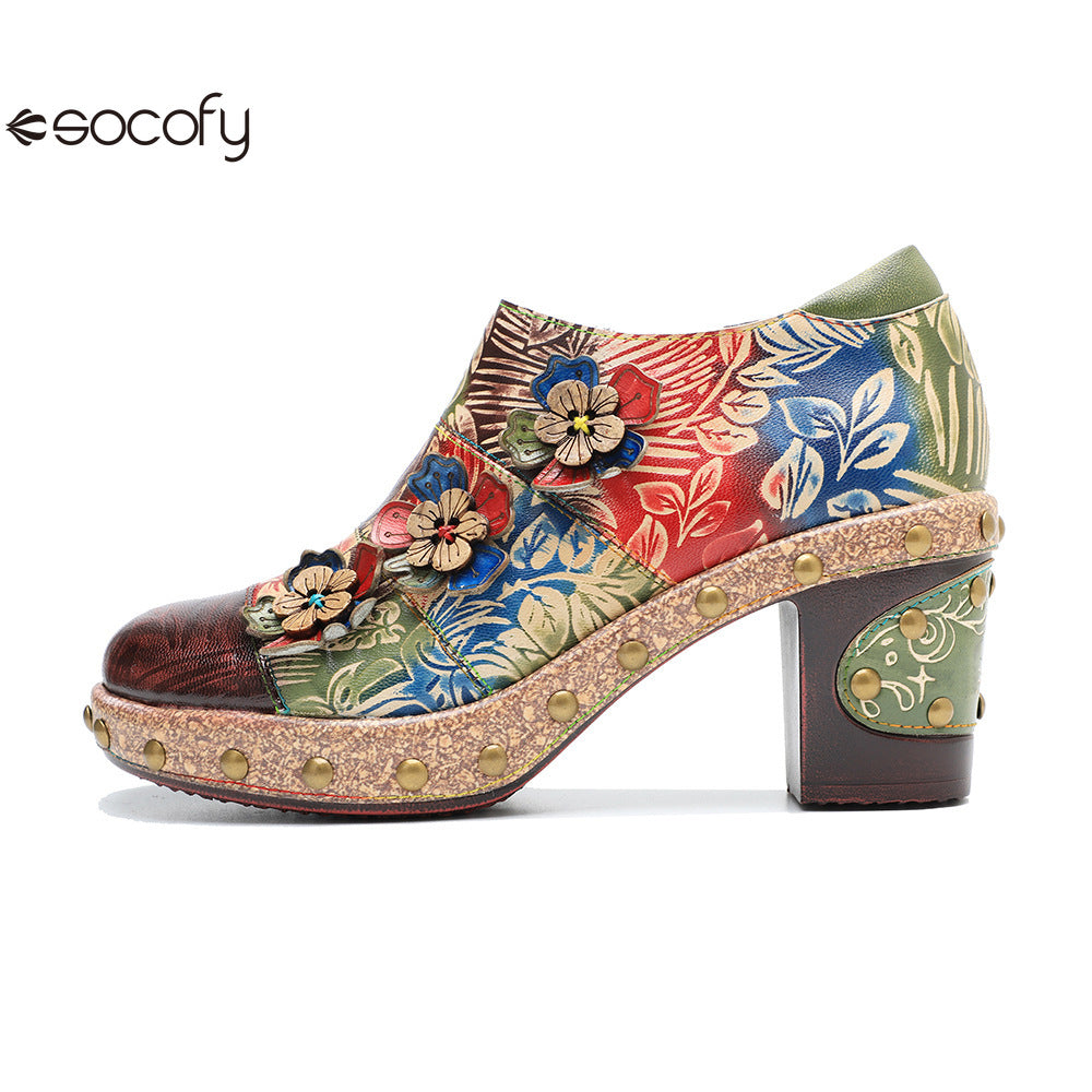 Socofy Genuine Leather Vintage Floral Dimensional Flower Comfortable Pumps