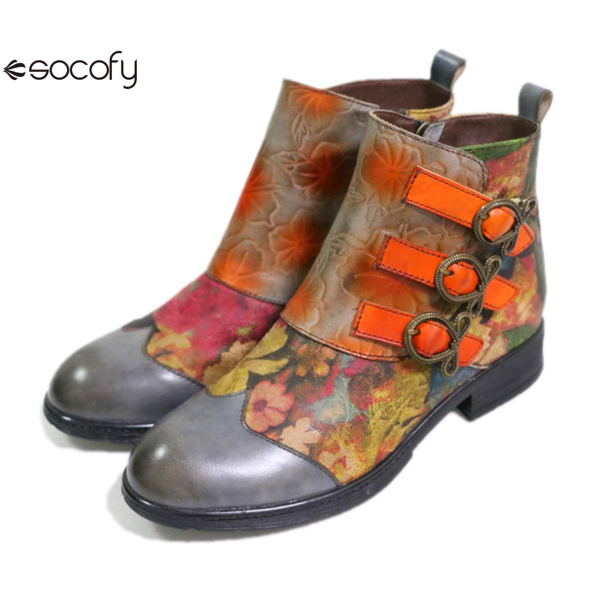 Socofy Low-top genuine leather brown round toe trendy women's fashion boots