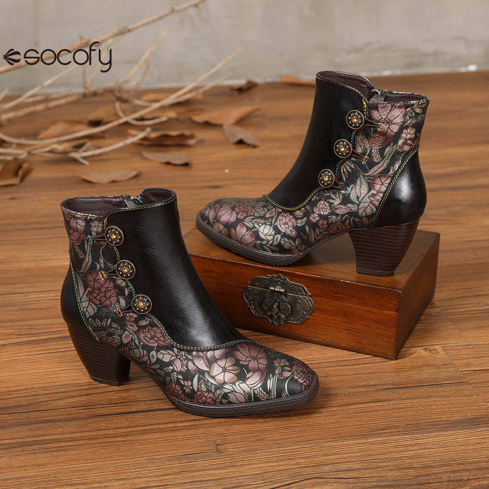 Socofy Leather Retro Flowers Fashionable Zipper Heel Boot