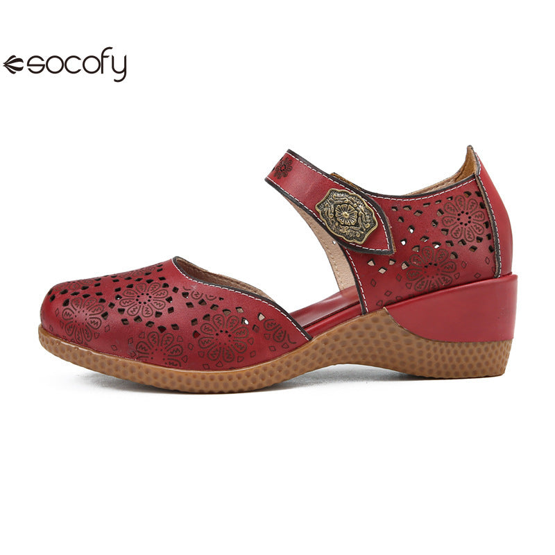 Socofy Genuine leather romantic three-dimensional flowers hollowed out sandals