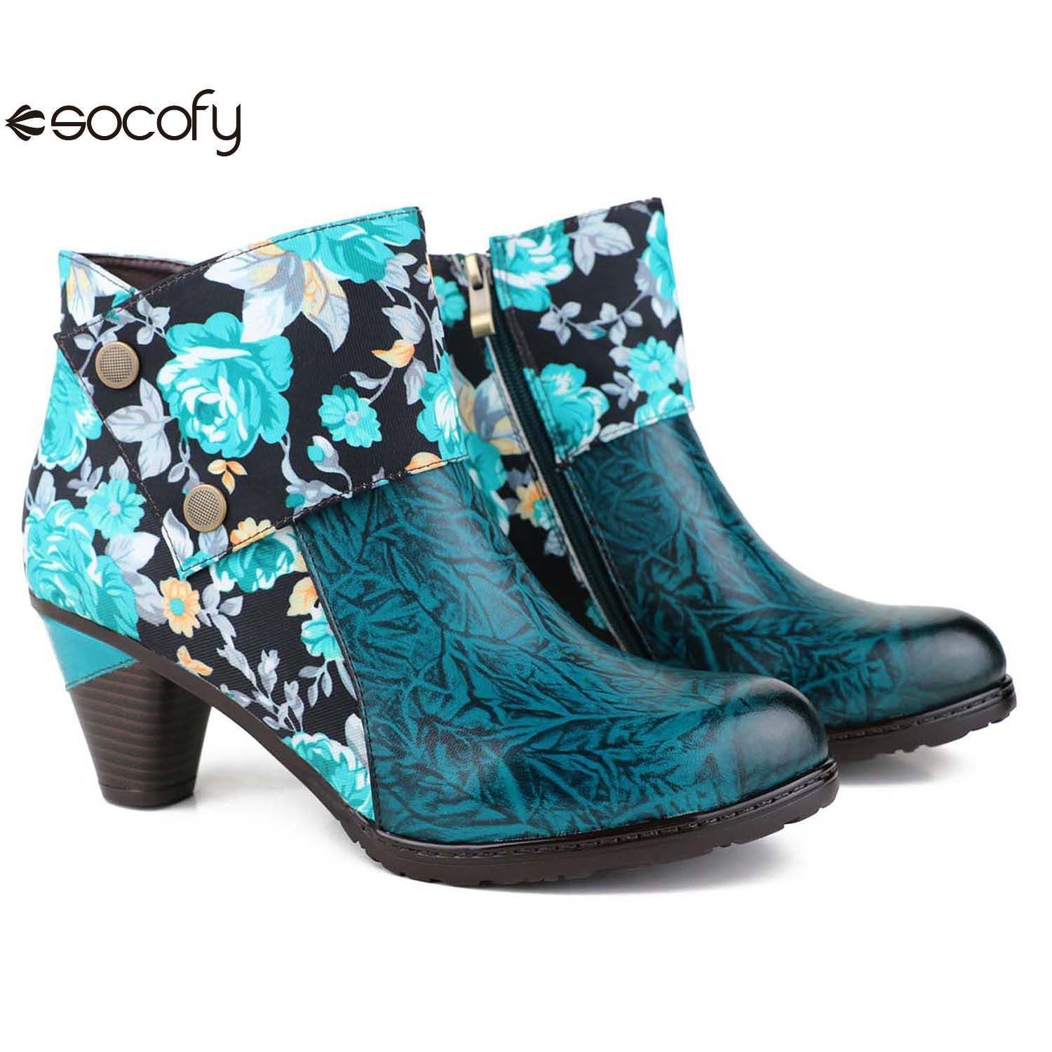 Socofy Autumn ethnic style cowhide thickened mid-calf round toe fashion boots for women