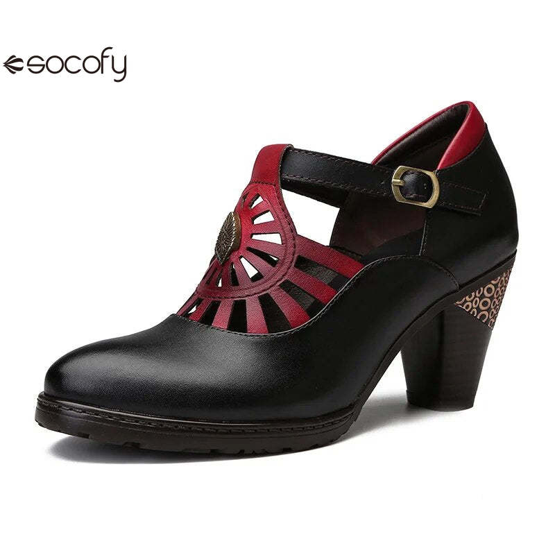 Socofy Retro Genuine Leather Buckle Strap Toe Square Heels