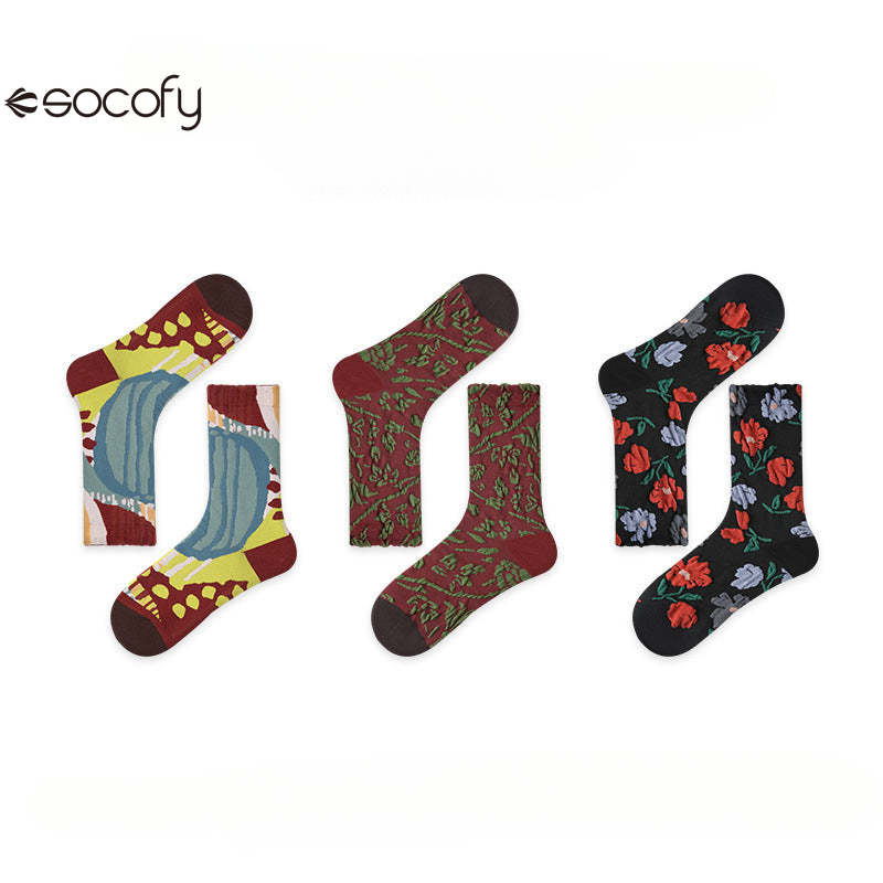 Socofy Vintage Style Mid-Calf Cotton Warm Socks 3 pairs