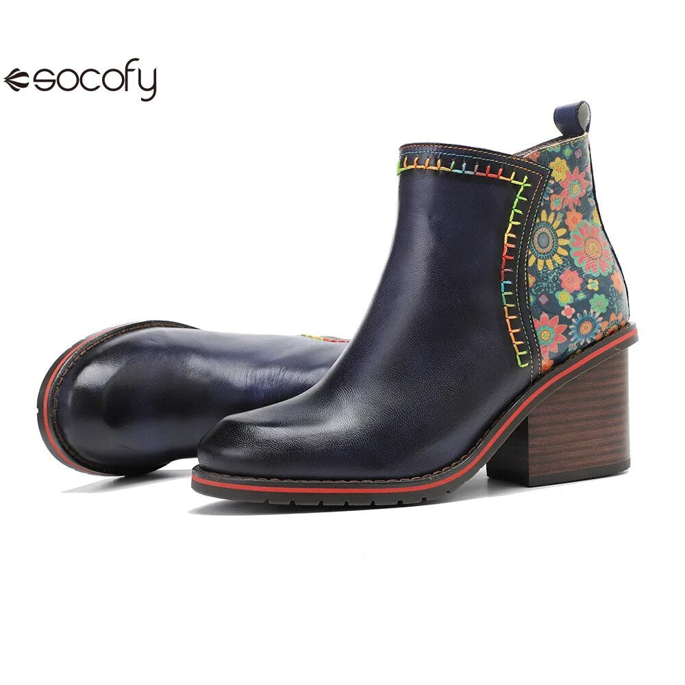 SOCOFY Genuine Leather Winter New Round Toe Patchwork Handmade Ankle Boots