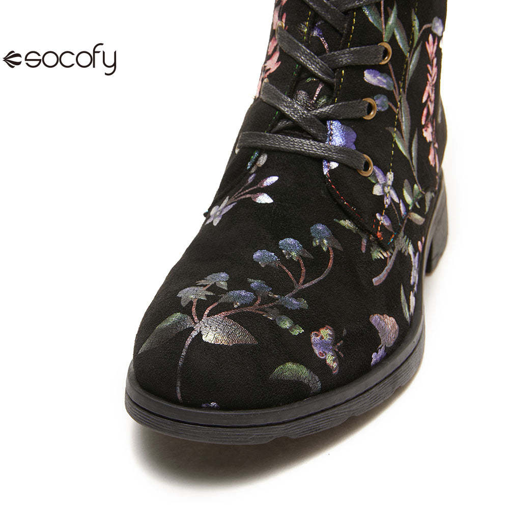 Socofy Autumn and winter warm and wear-resistant mid-calf round-toe cowhide leather fashion boots