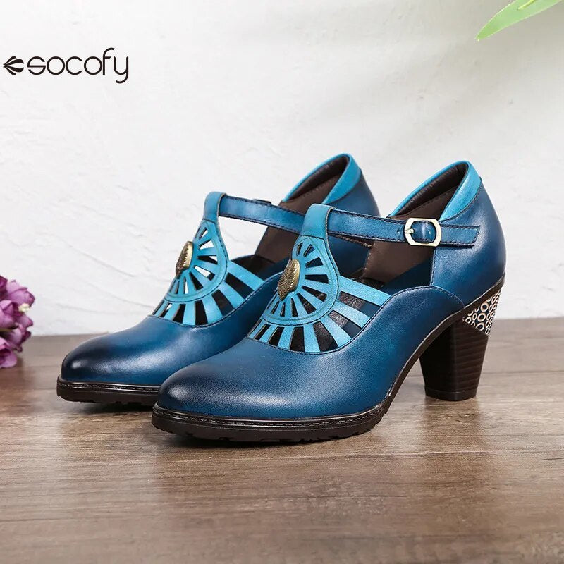 Socofy Retro Genuine Leather Buckle Strap Toe Square Heels