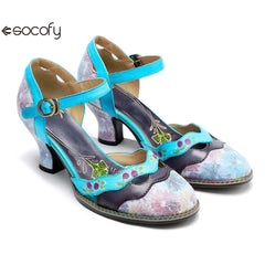 Socofy Spring Summer Mid Heeled Genuine Leather Hand-painted Retro Contrast Round Toe Sandals