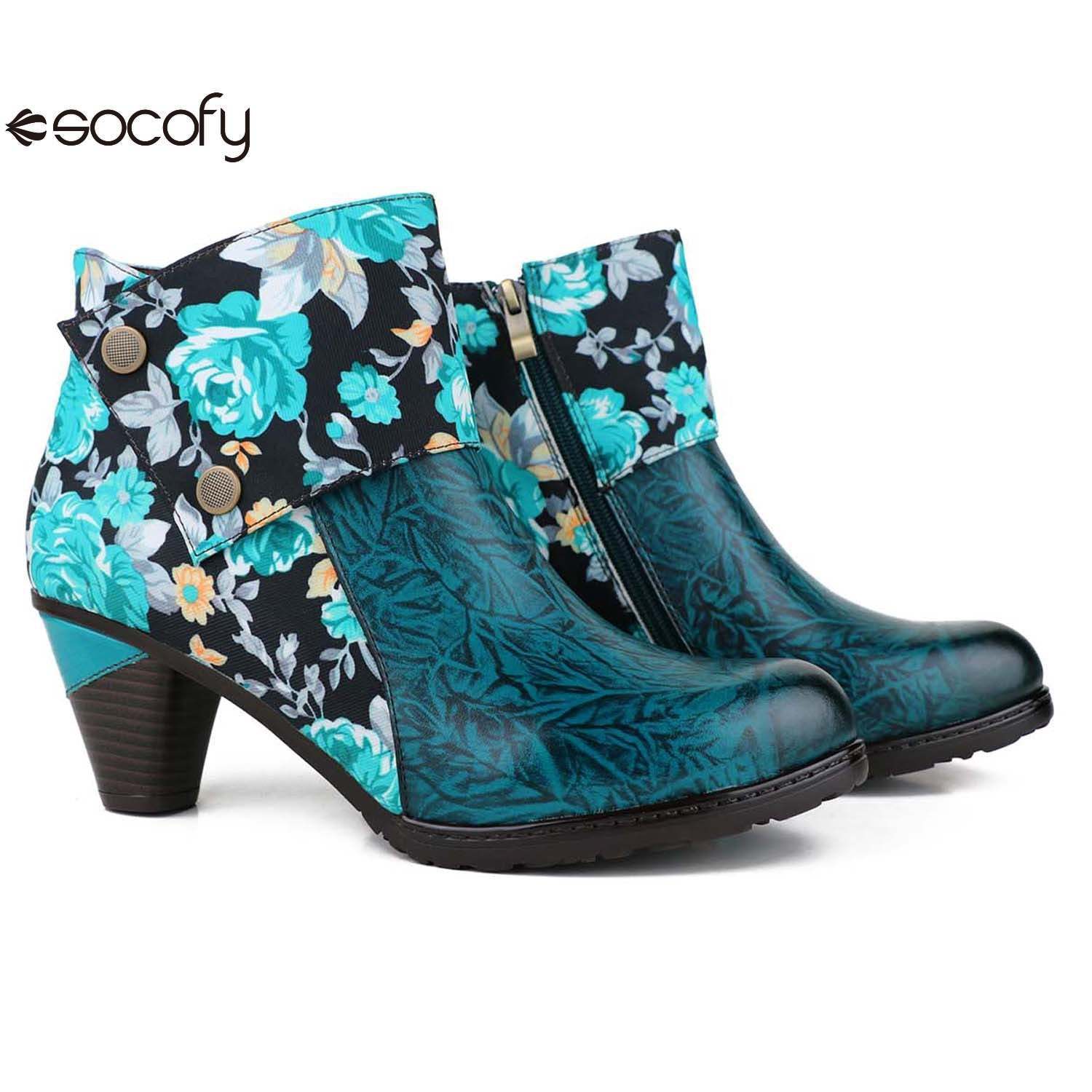 Socofy Autumn ethnic style cowhide thickened mid-calf round toe fashion boots for women